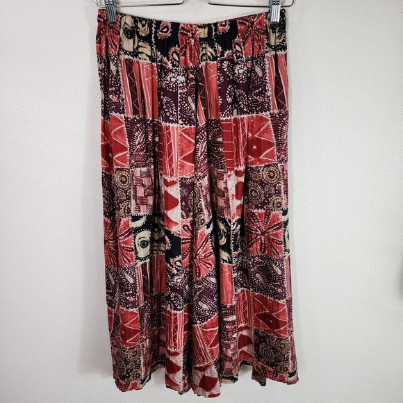 Anna Gray Women's Red Burgundy 100% Silk Aztec Boho Midi Skirt Size Small S - Picture 1 of 4